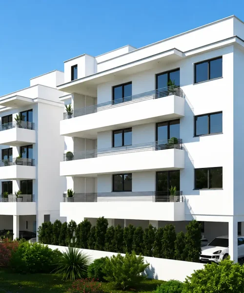 Modern White Apartments with Lush Landscaping